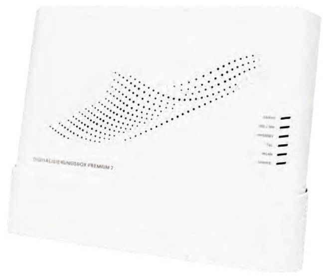 Weißer digitaler TV-Receiver mit Belüftungslöchern und Kontrollleuchten mit Beschriftungen von oben nach unten: „Power