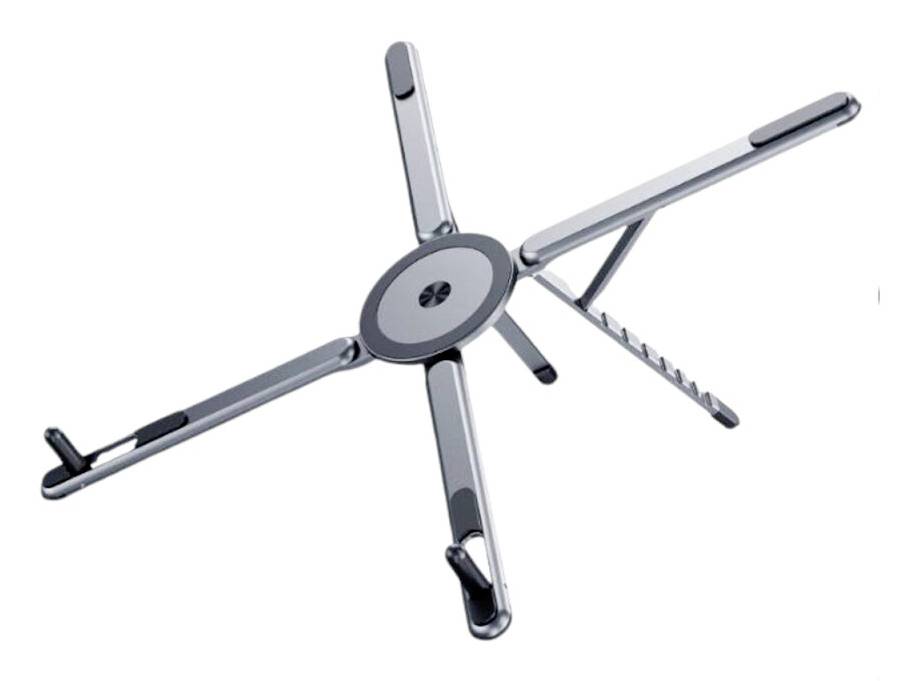 Verstellbarer Laptop-Ständer mit kreisförmiger Mitte und vier ausziehbaren Armen, entwickelt für ergonomische Positionierung und Kühlungsunterstützung.