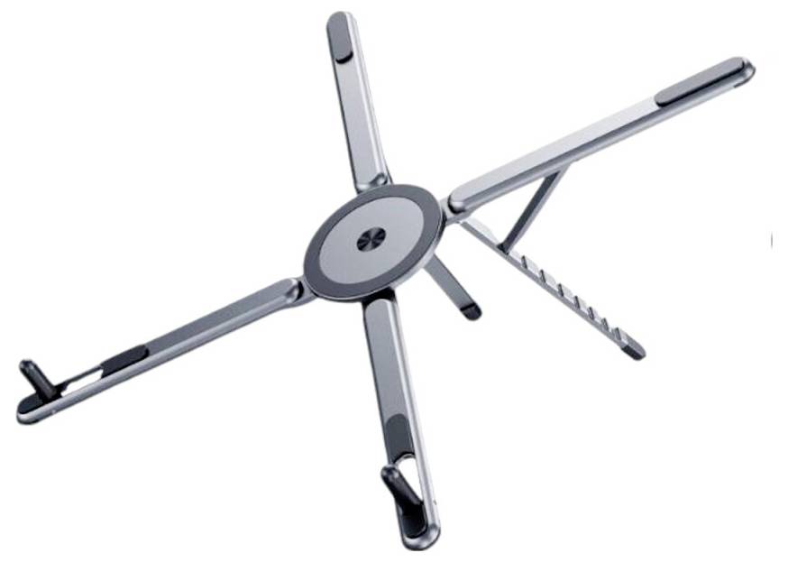 Ein metallischer Laptop-Ständer mit verstellbaren Armen und einer kreisförmigen Mitte, die für Stabilität und Belüftung ausgelegt ist.