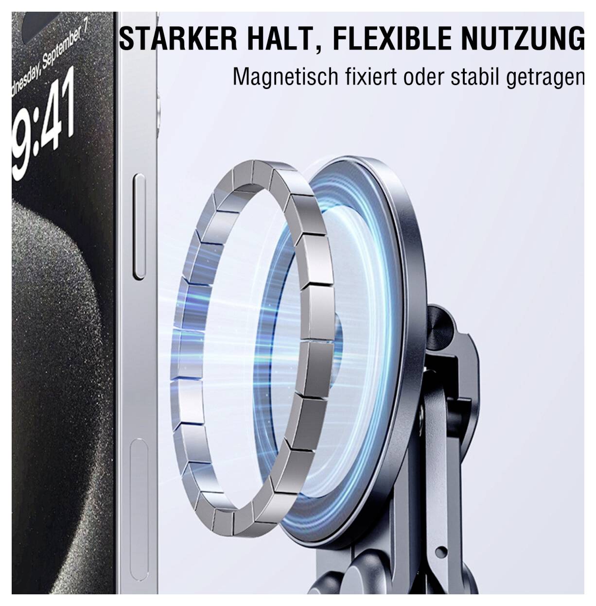 Telefonhalter mit Magnetring, befestigt an einem Smartphone. Der Text lautet: „Starker Halt, flexible Nutzung - Magnetisch fixiert oder stabil getragen.