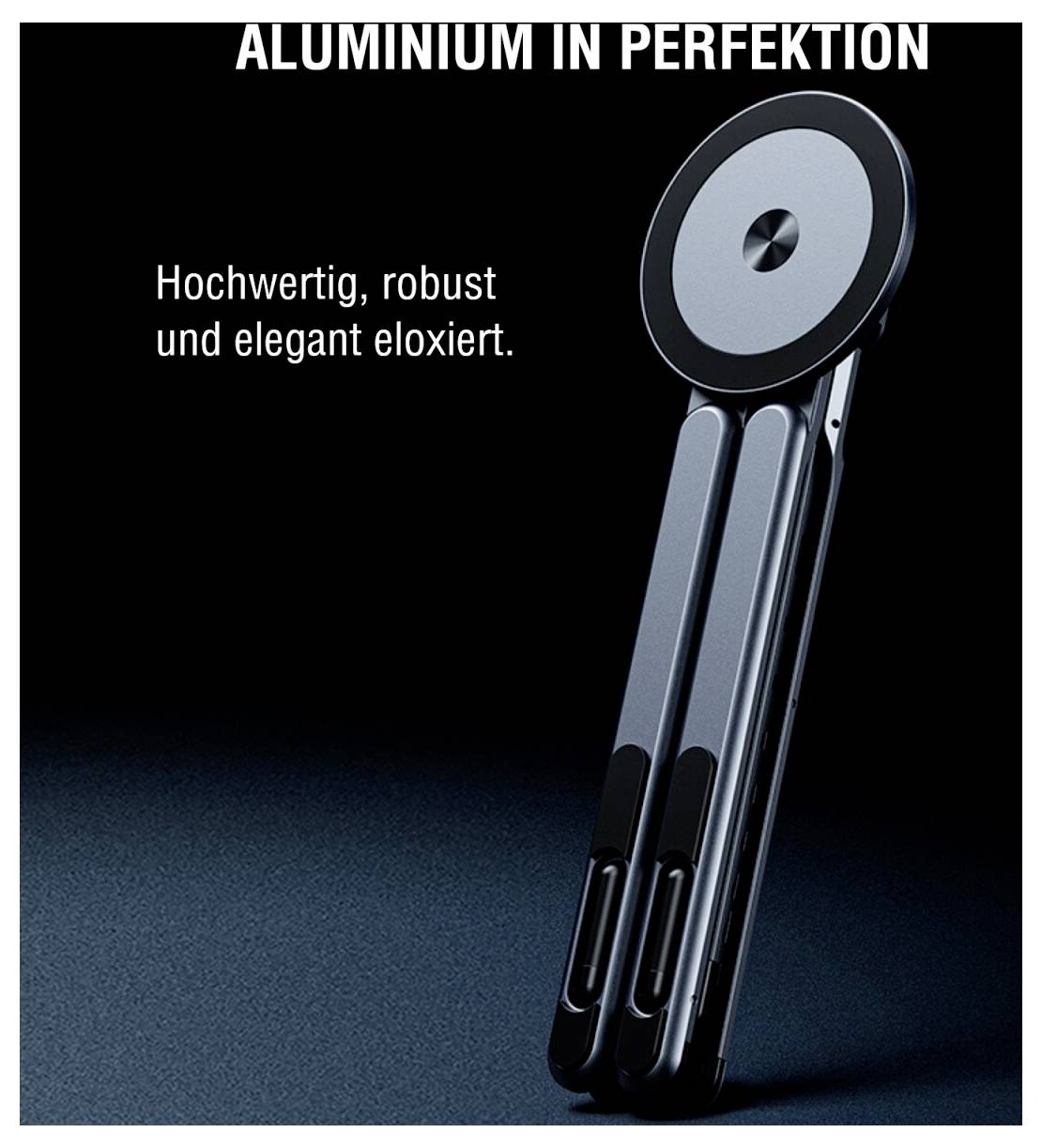 Ein schlankes, gefaltetes Metallgerät mit einer runden Oberseite, beschrieben als „hochwertig, robust und elegant eloxiertes Aluminium