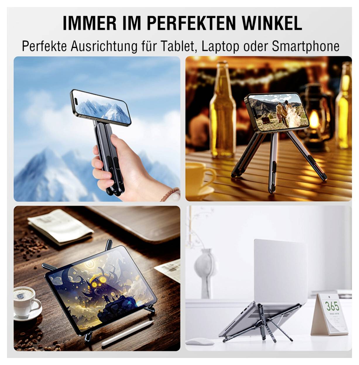 Eine Collage aus vier Bildern zeigt verschiedene Verwendungsmöglichkeiten einer tragbaren Gerätehalterung: Unterstützung eines Smartphones, Halt eines Tablets und Verbesserung von Betrachtungswinkeln.