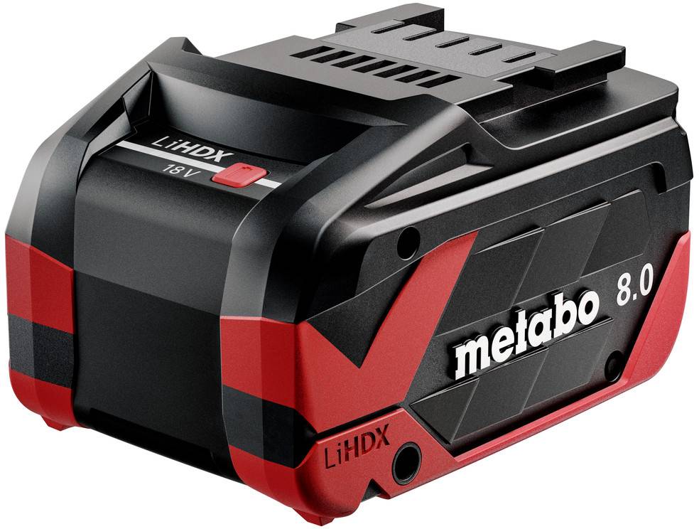Schwarzes und rotes Metabo LiHDX 18V 8.0 Akku-Pack auf weißem Hintergrund dargestellt.