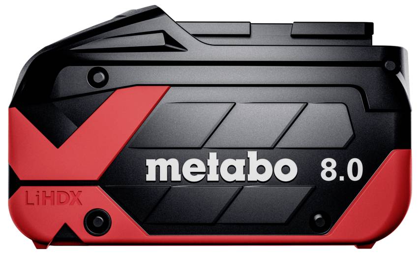Ein Metabo 8.0 LiHDX Akku mit schwarzem und rotem Design, mit dem Metabo-Logo prominent auf der Seite.