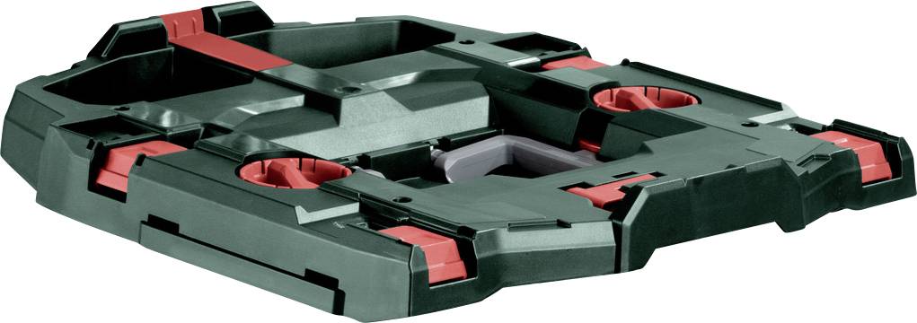 Ein grüner und roter modularer Werkzeugspeicher-Kofferboden mit Schlitzen und Griffen, der für Tragbarkeit und sicheres Stapeln konzipiert ist.