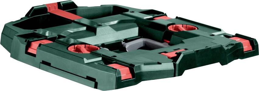 Ein grüner und roter modularer Werkzeugspeicher-Kofferboden mit Schlitzen und Griffen, der für Tragbarkeit und sicheres Stapeln konzipiert ist.