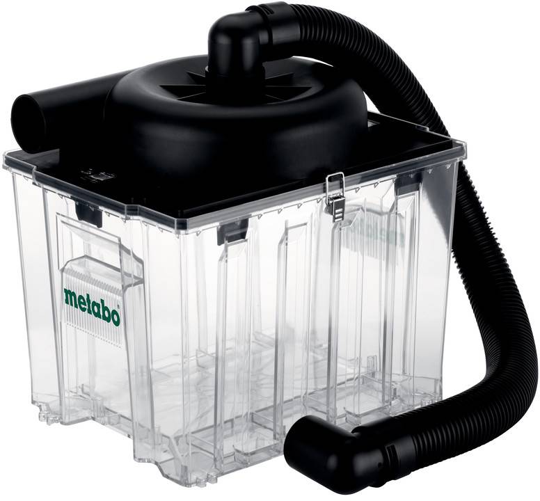 Ein transparenter Kunststoff-Staubsammlerbehälter mit schwarzem Deckel und Schlauchverbindung, mit dem Markennamen „Metabo