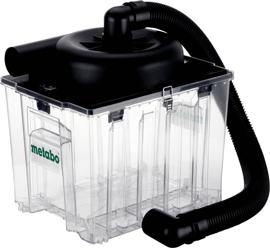 Ein transparenter Kunststoff-Staubsammlerbehälter mit schwarzem Deckel und Schlauchverbindung, mit dem Markennamen „Metabo