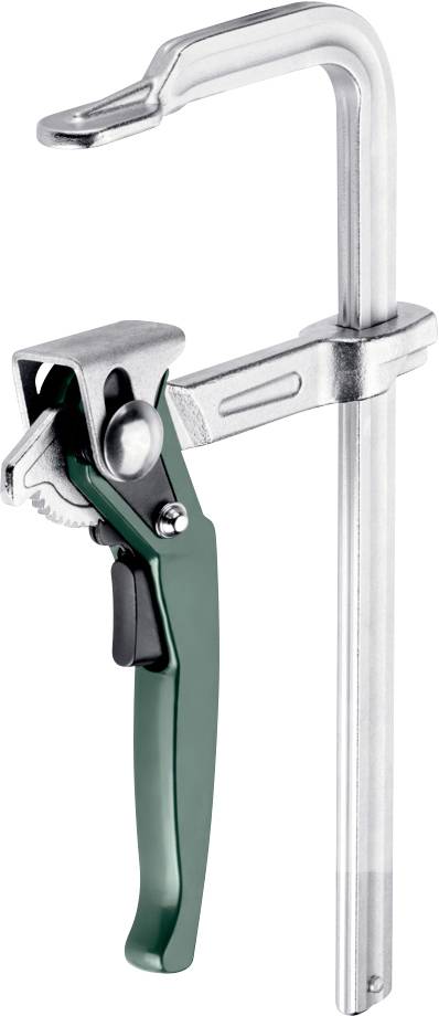 Ein grün und silbernes Metallspannwerkzeug mit verstellbarem Griff, das zum Befestigen von Materialien in der Holz- oder Metallbearbeitung verwendet wird.