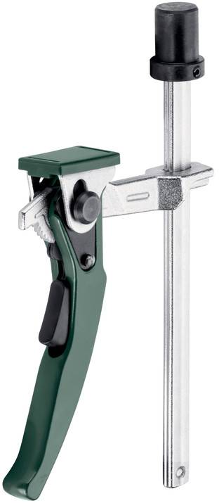 Eine grüne und silberne verstellbare Schraubzwinge mit schwarzem Griff und Freigabehebel, die zum Befestigen von Objekten bei Holz- oder Metallbearbeitungsaufgaben verwendet wird.