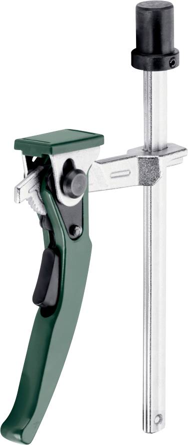 Eine grüne und silberne verstellbare Schraubzwinge mit schwarzem Griff und Freigabehebel, die zum Befestigen von Objekten bei Holz- oder Metallbearbeitungsaufgaben verwendet wird.