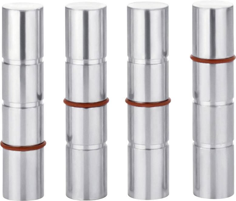 Vier silberne zylindrische Magnete, die vertikal gestapelt sind, mit roten Bändern zwischen einigen Abschnitten.