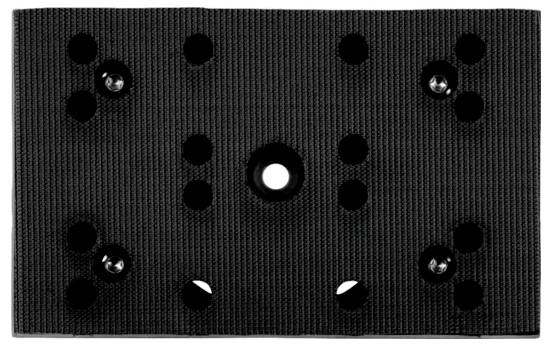 Eine schwarze Montageplatte mit mehreren Löchern und einem zentralen Loch, die zum sicheren Befestigen von Komponenten in verschiedenen Konfigurationen verwendet wird.