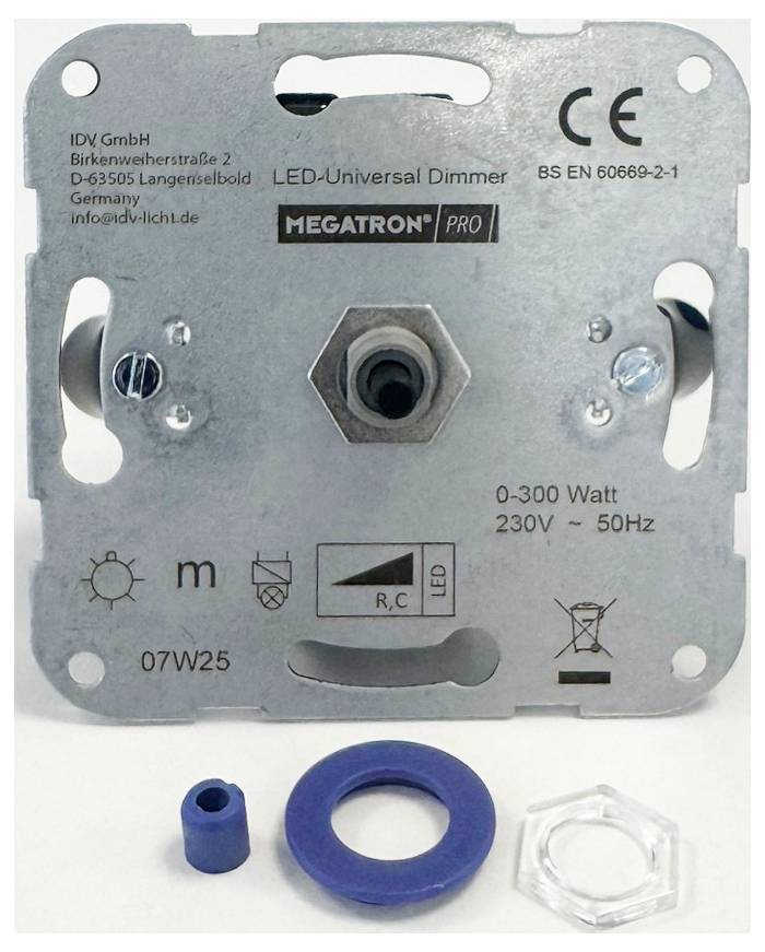 MEGATRON PRO LED-Universal Dimmer 0-300 Watt, 230V-50Hz mit CE-Kennzeichnung. Einschließlich Montagezubehör.