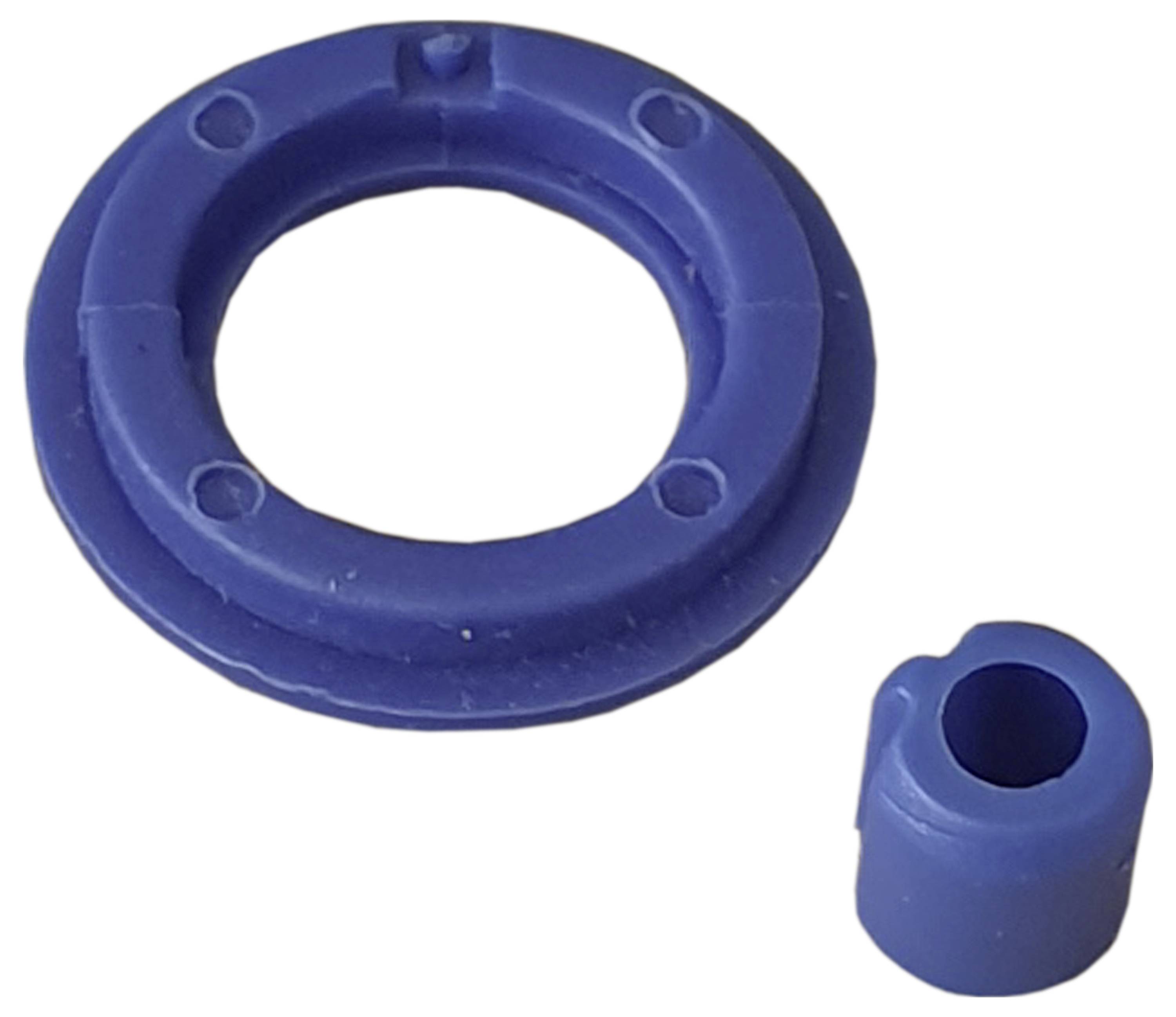 Ein blauer Ring und ein zylindrisches Stück, möglicherweise Komponenten für Montage oder Reparatur, werden auf weißem Hintergrund gezeigt.