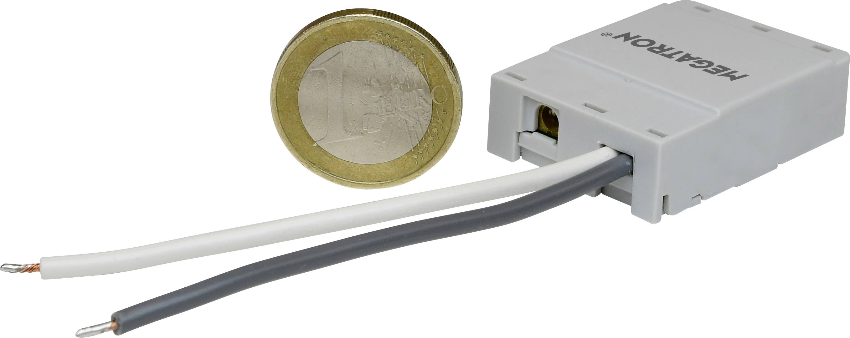 Ein kleines, graues MEAN WELL-Stromversorgungsmodul mit zwei freigelegten Drähten ist neben einer Euro-Münze positioniert, um die Größe zu vergleichen.