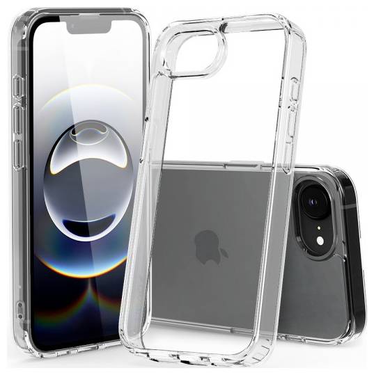 Zwei transparente Handyhüllen angezeigt, eine sitzt auf einem Smartphone. Das Telefon zeigt eine farbenfrohe abstrakte Kugel auf seinem Bildschirm.