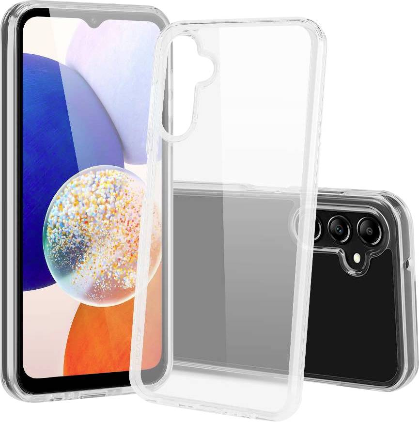 Transparente Handyhülle auf einem Smartphone gezeigt, mit Vorder- und Rückansichten, die das klare Schutzdesign und die Kameraaussparung betonen.