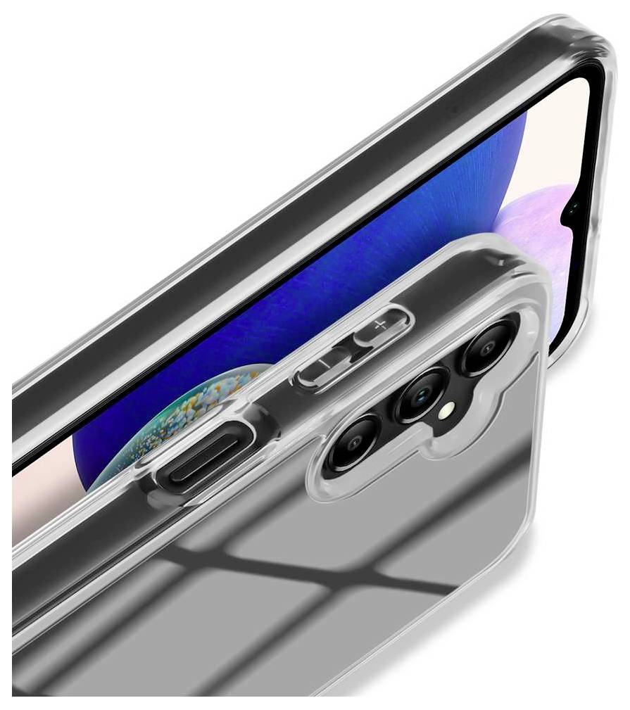 Zwei Smartphones in klaren Schutzhüllen übereinander angeordnet, wobei die Kamera- und Seitenknopf-Aussparungen hervorgehoben werden.