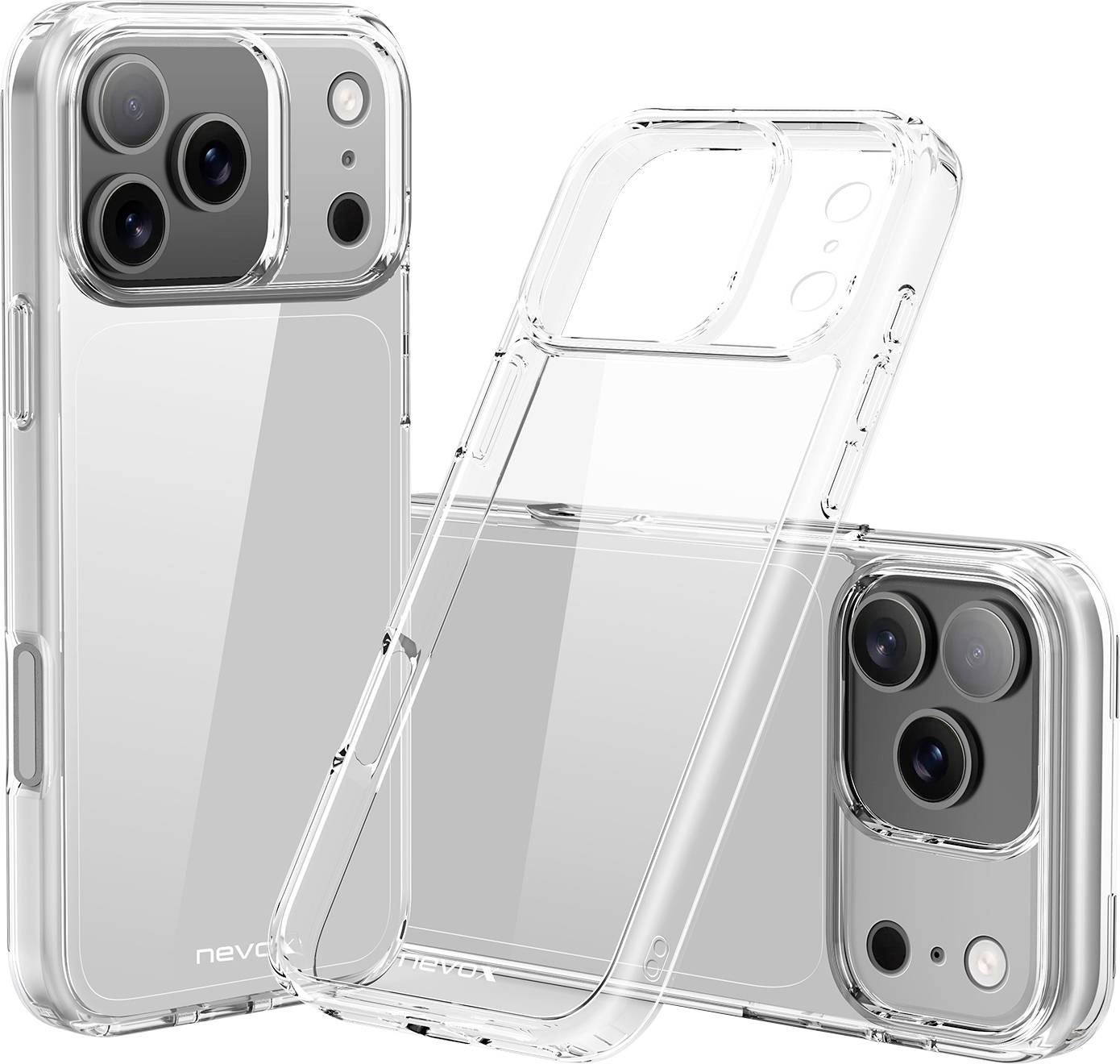 Drei transparente Handyhüllen für verschiedene Smartphone-Modelle, die präzise Ausschnitte für Tasten und Kameralinsen zeigen.