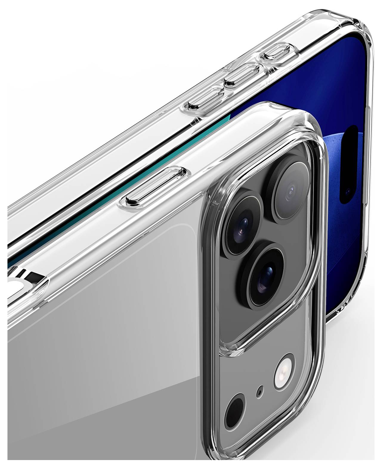 Zwei Smartphones mit blauen und grauen Rückseiten sind in transparenten Schutzhüllen eingebaut, wobei die Kameraobjektive prominenten hervorgehoben werden.