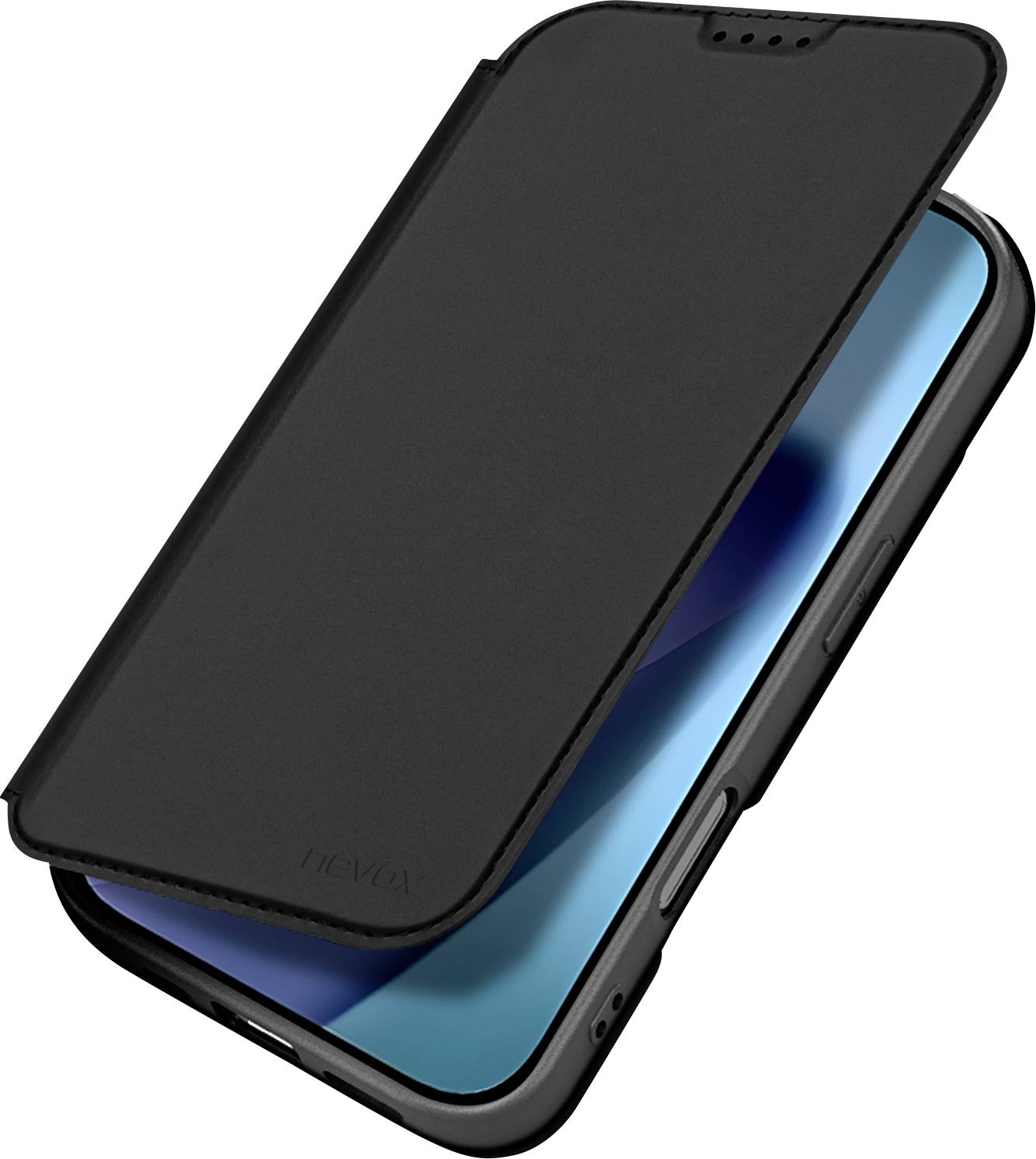 Ein schwarzes Smartphone-Flip-Case, das teilweise offen ist und ein Telefon mit blauem Bildschirm enthüllt.