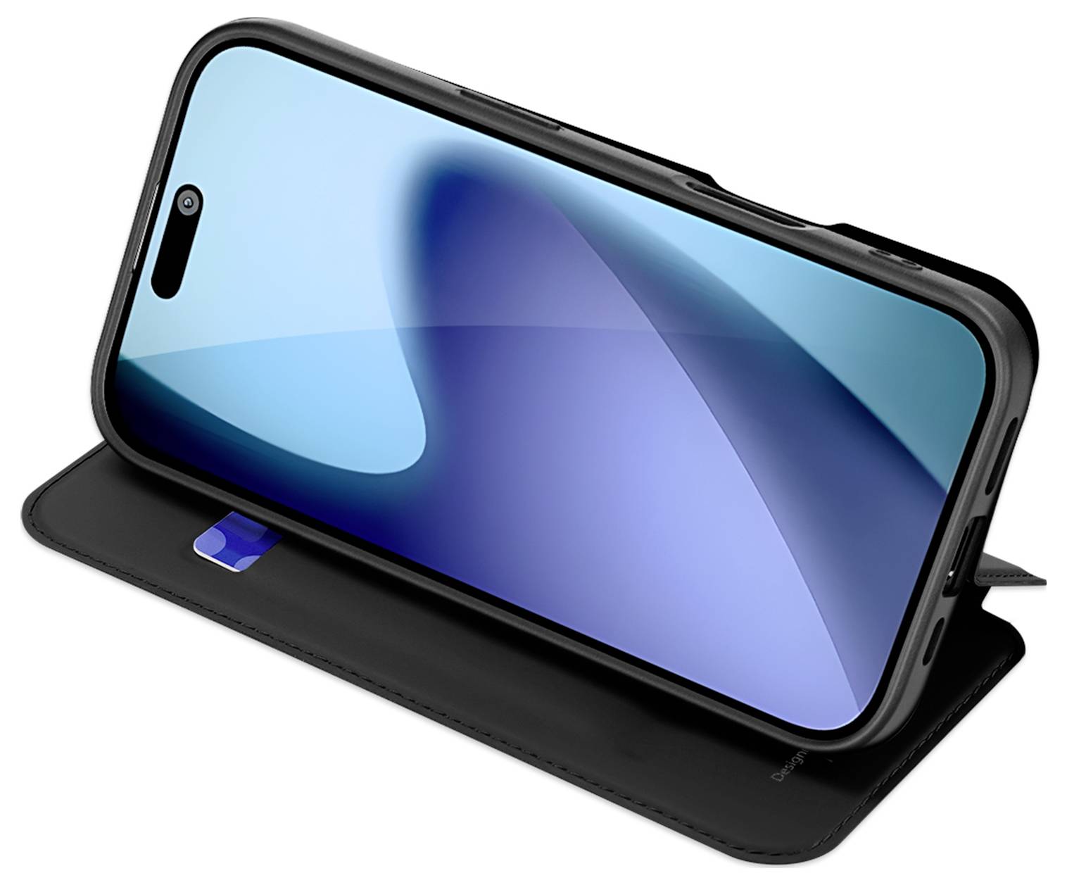 Ein Smartphone in einer schwarzen Schutzhülle mit einem blau-schwarzen abstrakten Hintergrundbild auf dem Bildschirm. Die Hülle fungiert auch als Ständer.
