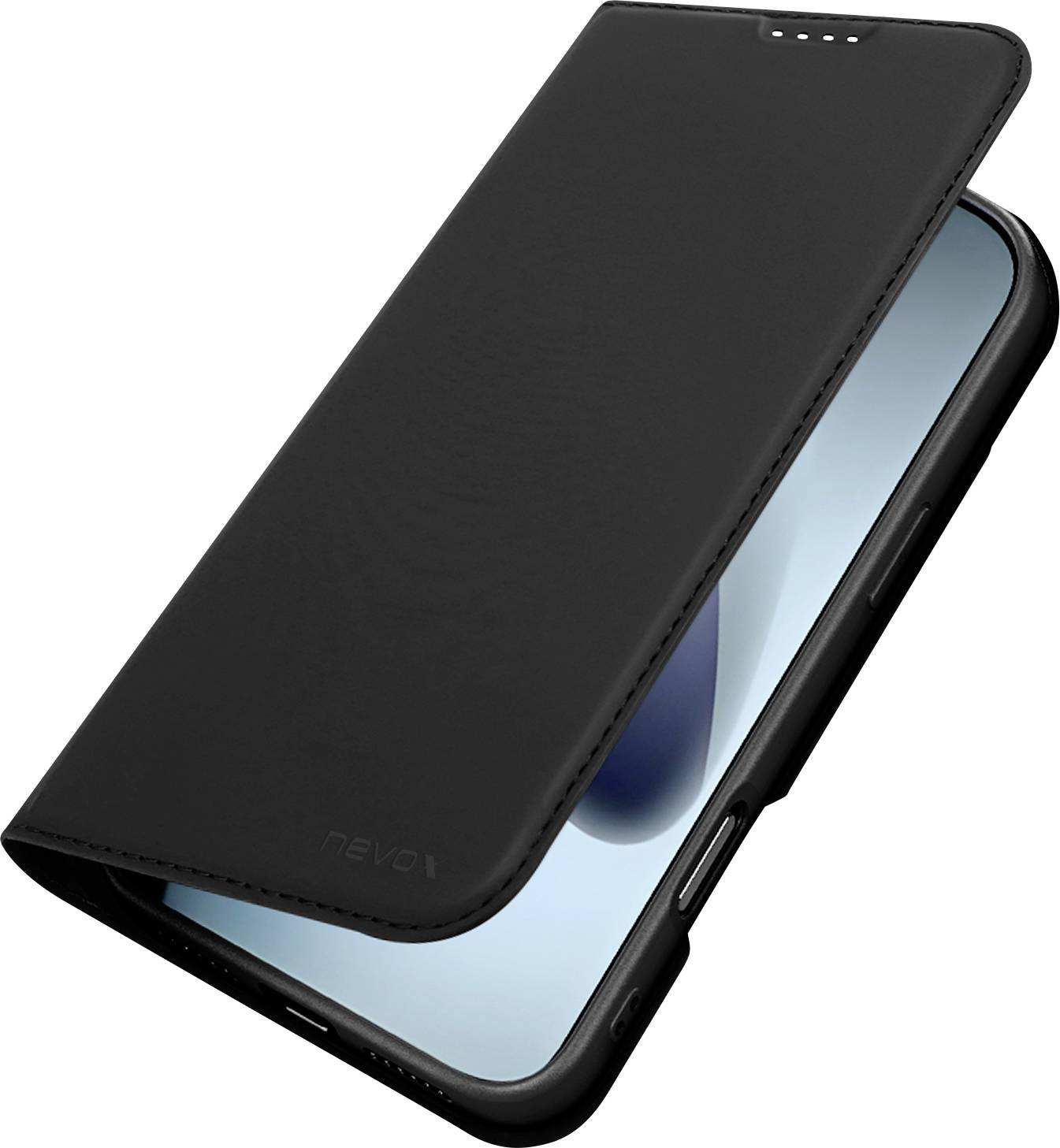 Eine schwarze Smartphone-Geldbörsen-Schutzhülle mit leicht geöffnetem vorderen Deckel, der ein Telefon im Inneren zeigt und seinen Bildschirm teilweise sichtbar macht.