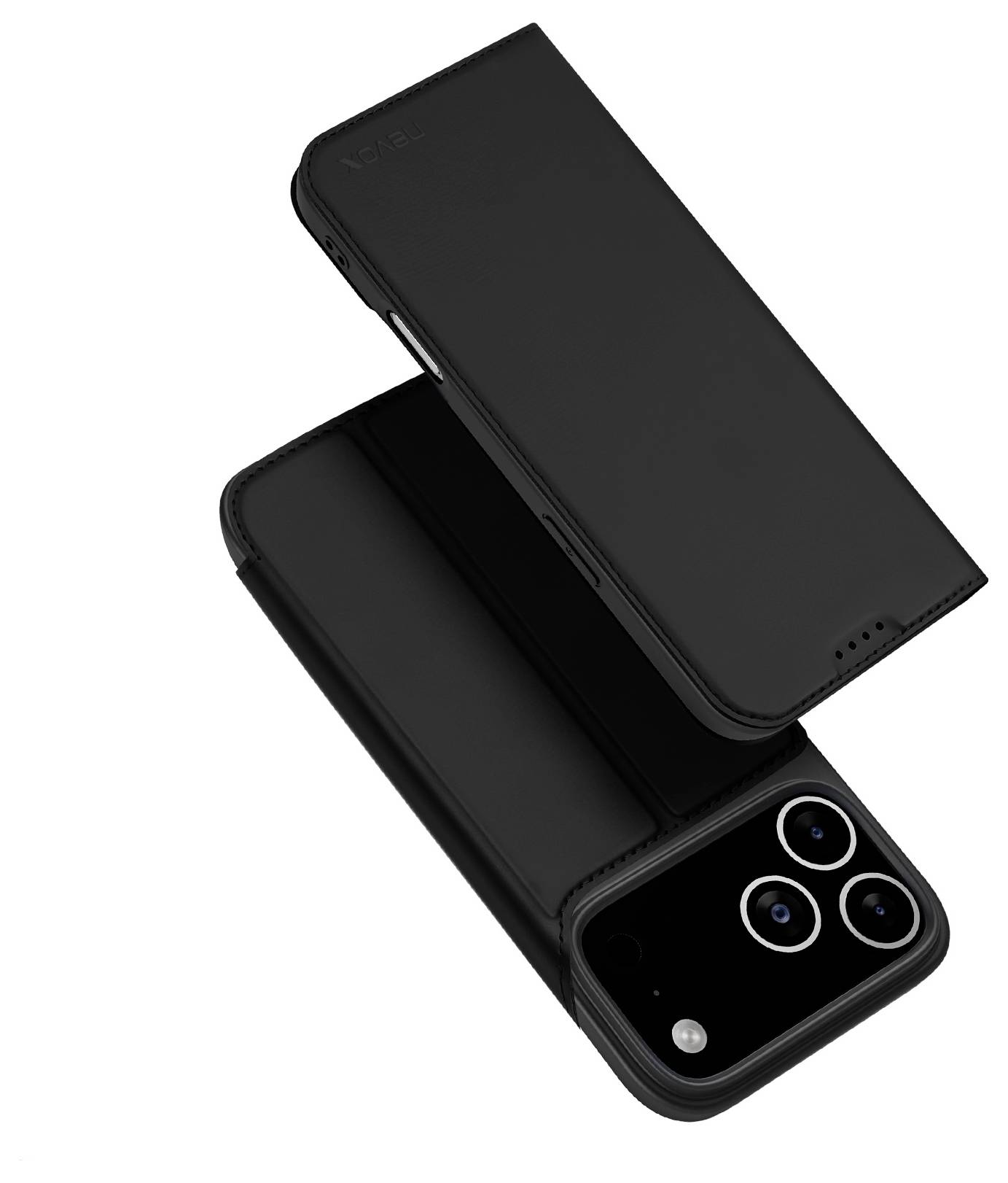 Ein schwarzes Handyhüllen mit Flipcover liegt offen und zeigt sein schützendes Design. Das Telefon hat drei Kameralinsen auf der Rückseite.