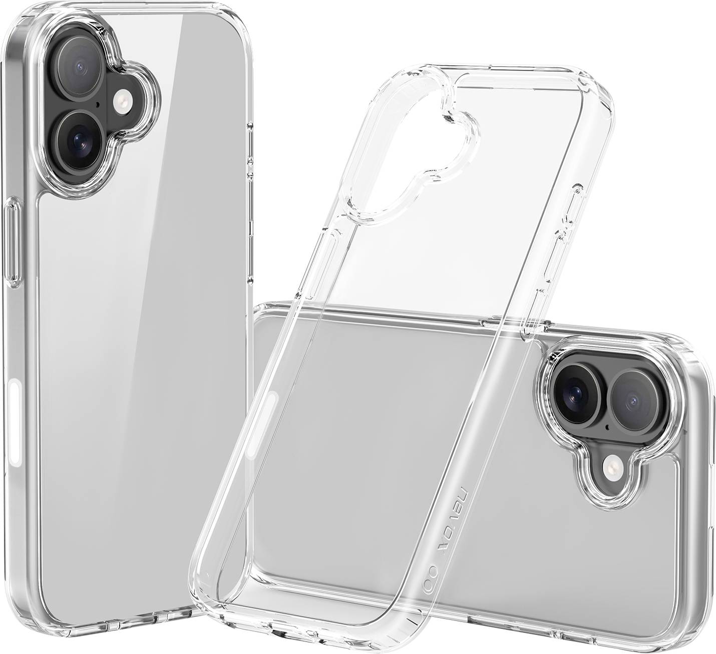Drei transparente Smartphone-Hüllen mit klarem Finish, die Vorder-, Rück- und Seitenansichten zeigen und ihr Schutzdesign hervorheben.