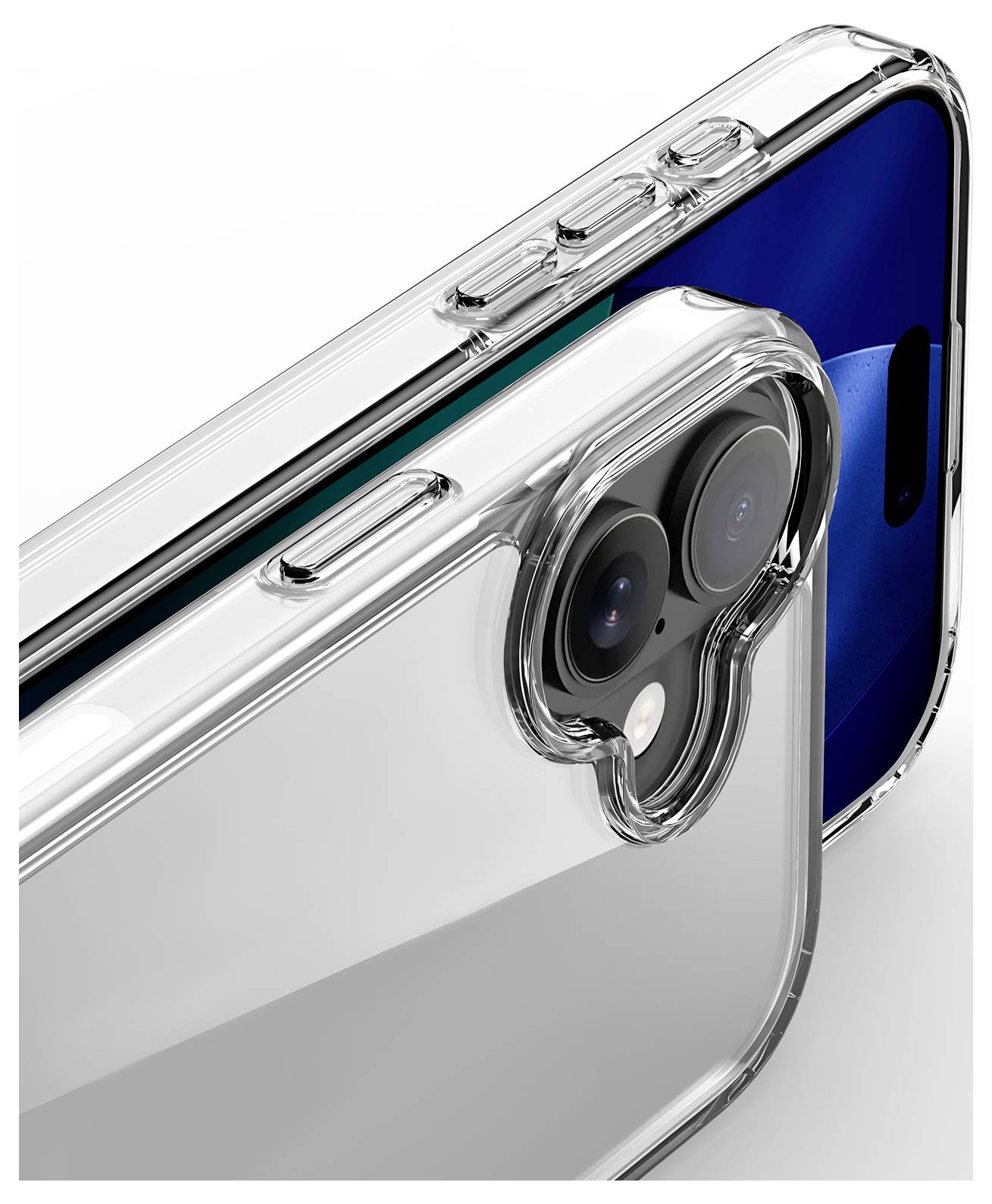 Zwei Smartphones mit transparenten Schutzhüllen, die von hinten und von der Seite gezeigt werden und die Dual-Kameraobjektive und Ausschnitte für Tasten hervorheben.