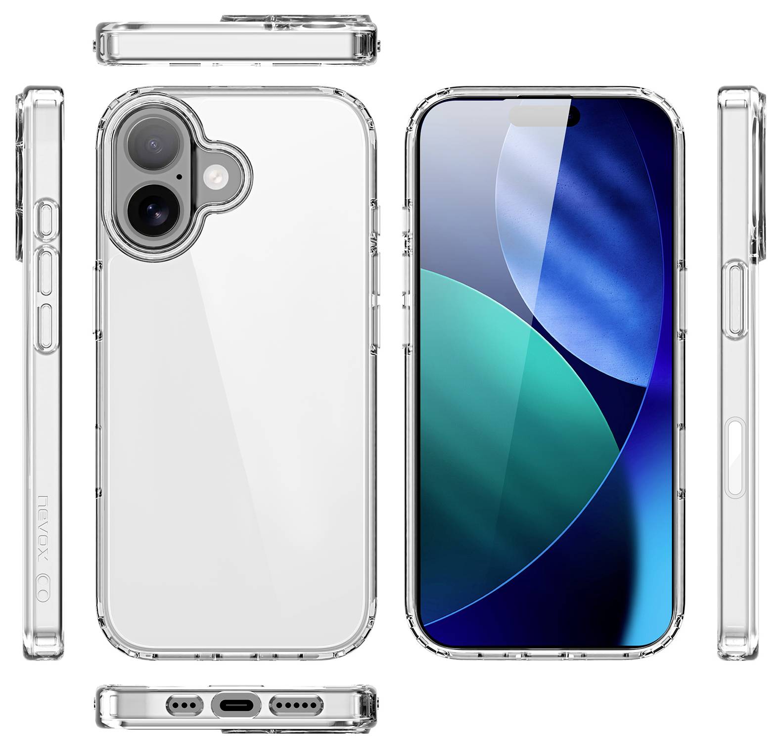 Transparente Smartphone-Schutzhülle mit Vorder- und Rückansicht eines Smartphones mit Dual-Kameras und modernem, geometrischem Displaydesign.