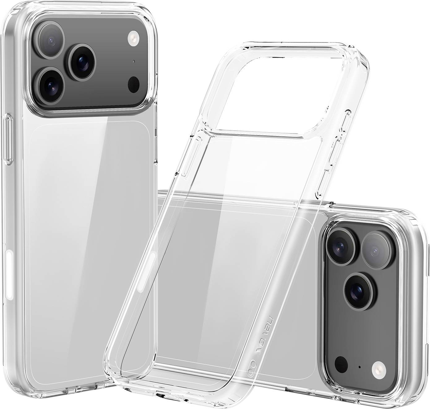 Drei transparente, schützende Handyhüllen für Smartphones mit großen Kameras, aus verschiedenen Winkeln angezeigt.