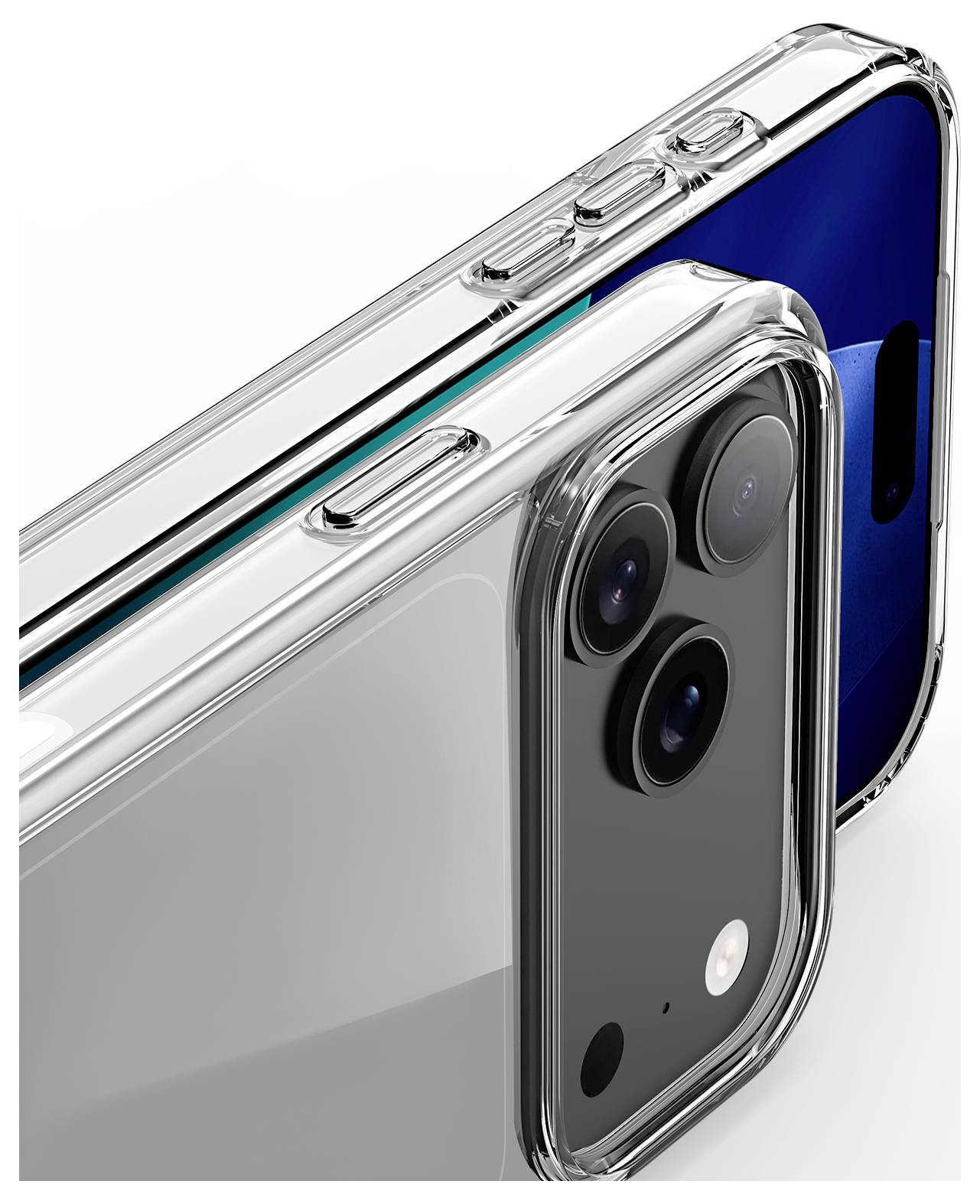 Zwei Smartphones mit transparenten Gehäusen, die Kameramodule und blaugraue Oberflächen zeigen.