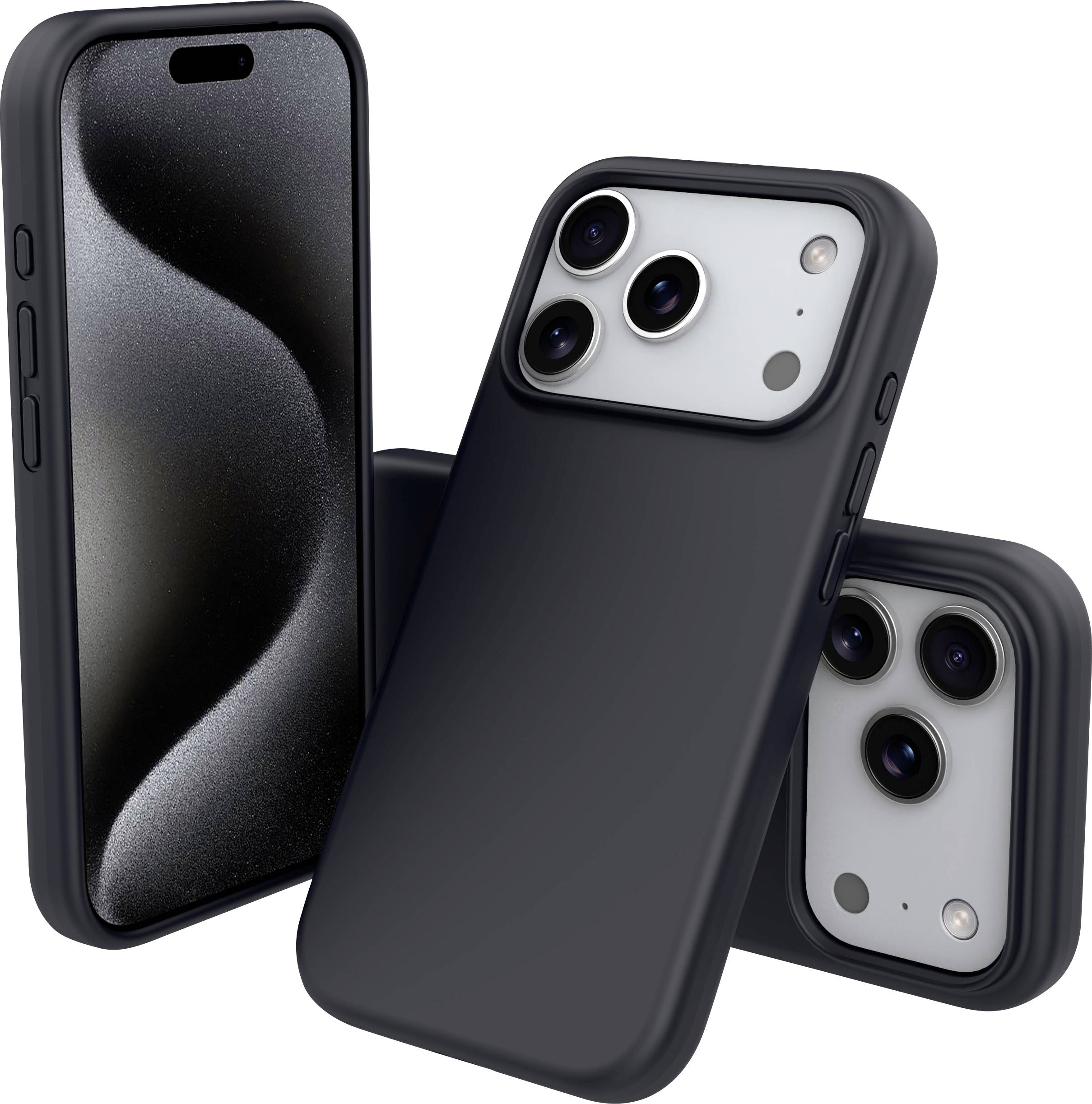 Drei Smartphones mit schwarzen Gehäusen, zwei zeigen den vorderen Bildschirm und eines zeigt die rückwärtigen Kameras, sind zusammen angeordnet.