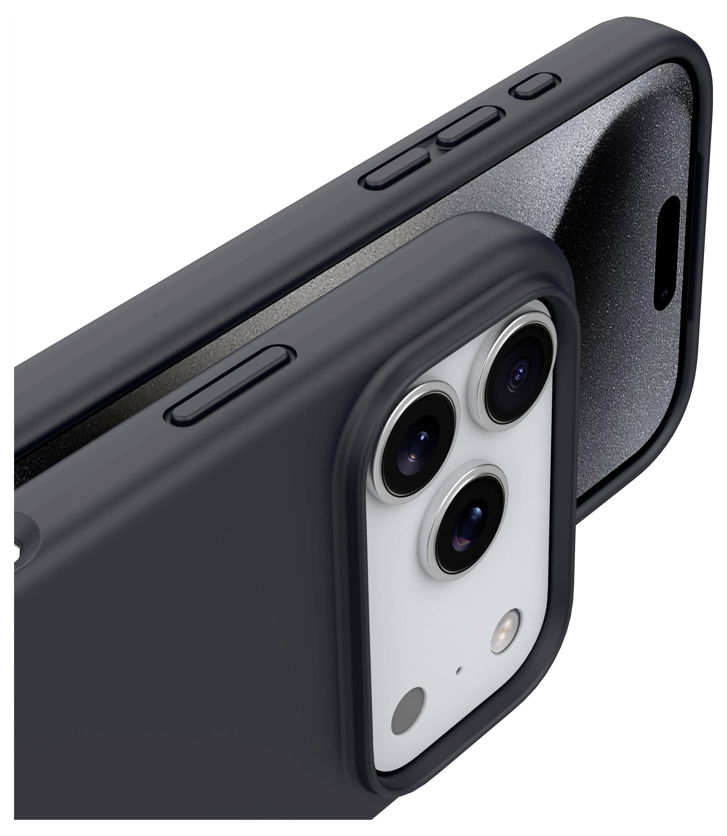 Nahaufnahme eines modernen Smartphones mit schwarzer Schutzhülle, das drei Kameraobjektive auf der Rückseite zeigt und sein elegantes Design betont.