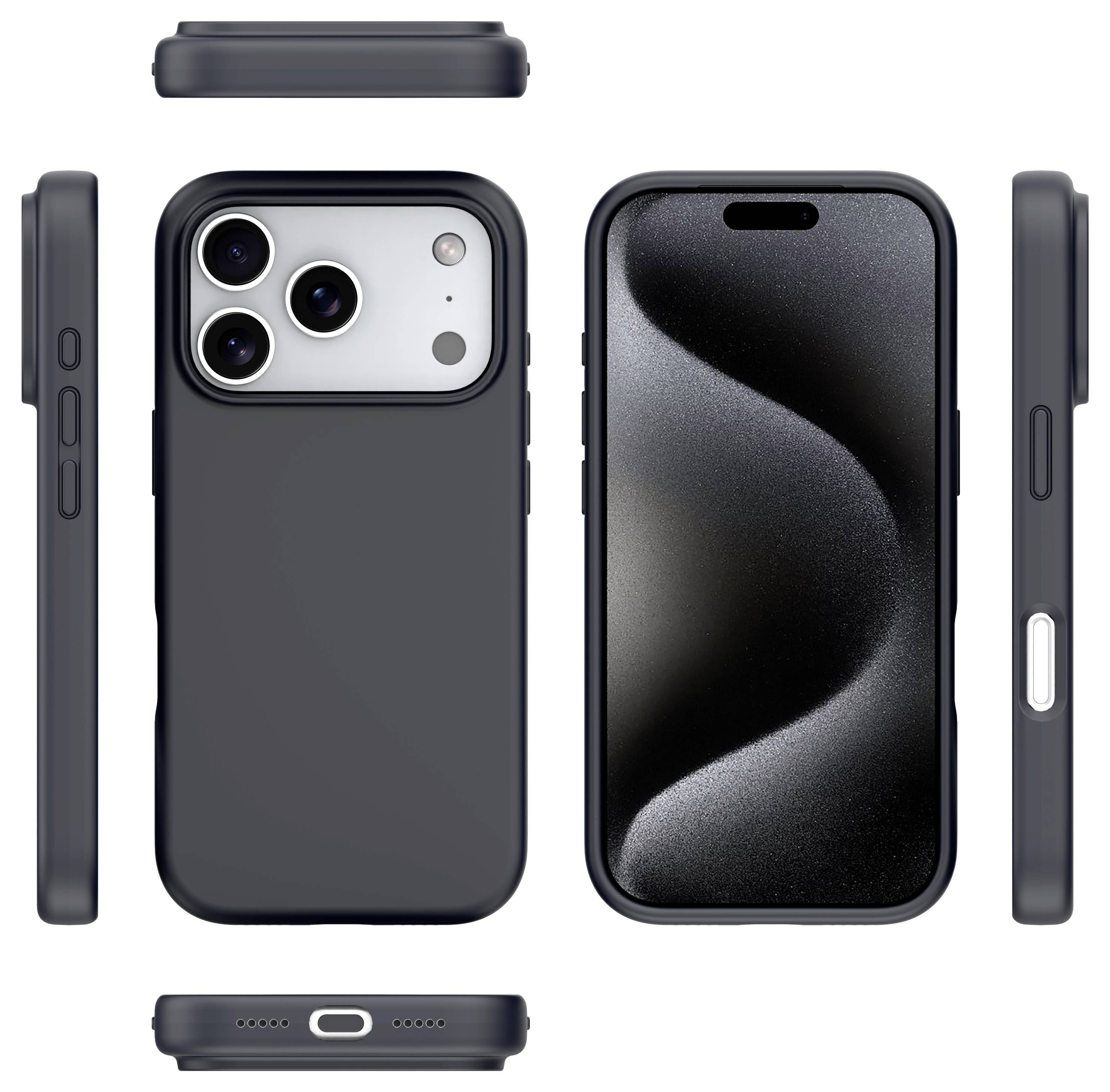„Schwarze Smartphone-Schutzhülle mit Kameraausschnitten, zeigt Front-, Rück- und Seitenansichten.