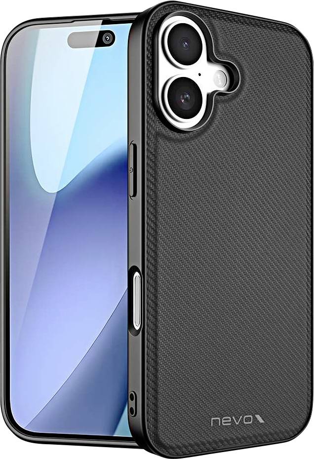 Schwarze strukturierte Schutzcover für Smartphones, die auf einem Telefon dargestellt wird, mit Ausschnitten für Doppelkameras und seitliche Tasten.