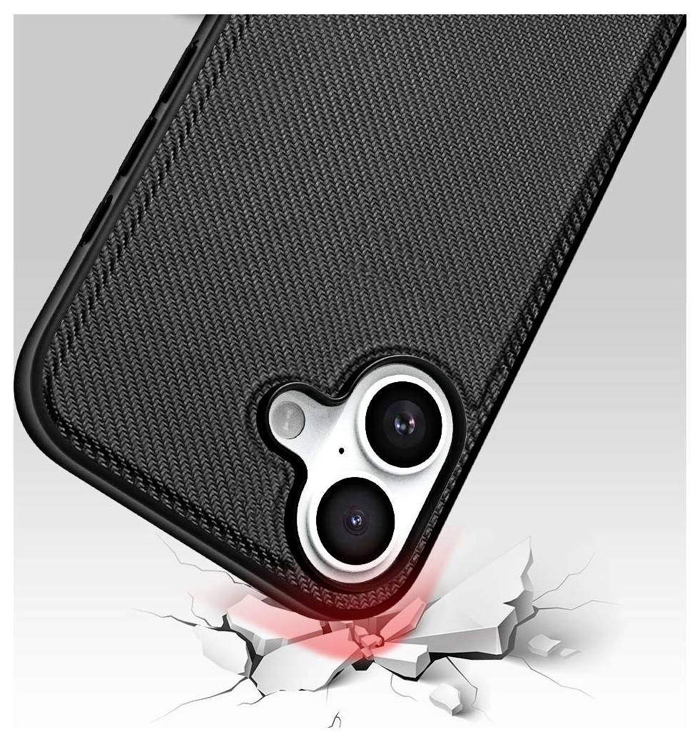 Schwarze Handyhülle, die ein Telefon mit Doppelkameras schützt, während die Eckenauswirkungen und Risse auf einer Oberfläche aufprallen, was Stoßdämpfung impliziert.