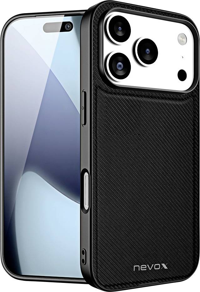 Ein Smartphone mit einem schwarzen Schutzcase, das auf der Rückseite ein Dual-Kamera-System zeigt. Der Markenname „nevox
