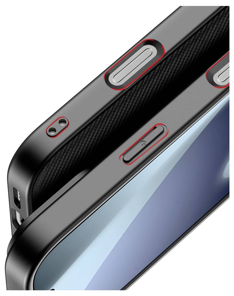Nahaufnahme von zwei schwarzen Smartphone-Schutzhüllen, jede mit strukturierten Seitentasten und roten Akzenten. Die Hüllen wirken elegant und modern.