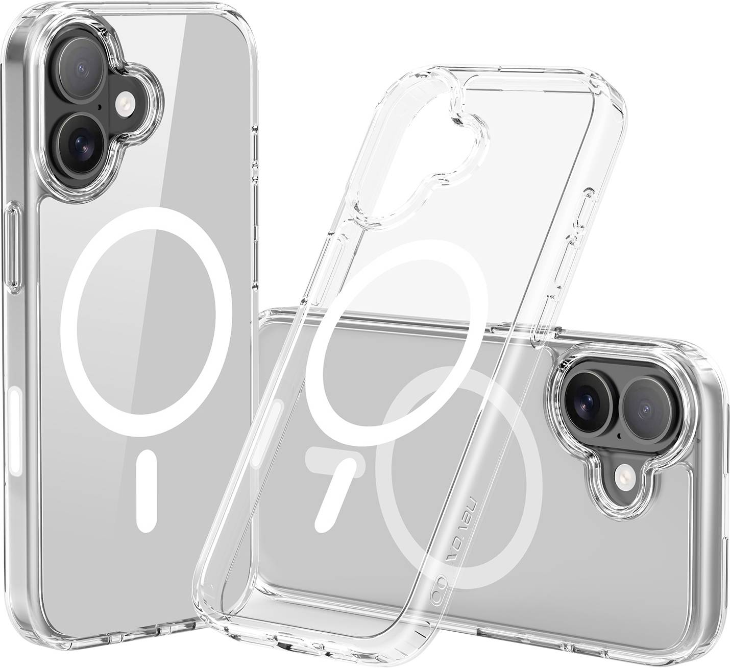 Drei klare Smartphone-Schutzhüllen mit kreisförmigen Symbolen, entworfen zum Schutz und zur Zur-Schau-Stellung der Telefonfunktionen und des Stils.