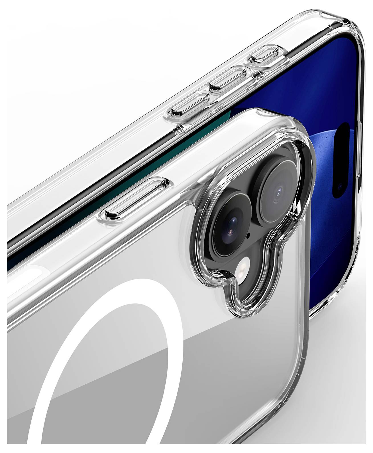 Durchsichtige Handyhülle, die ein Smartphone abdeckt und die beiden rückseitigen Kameras und die Seitentasten zeigt, mit teilweisem Blick auf den Gerätebildschirm.