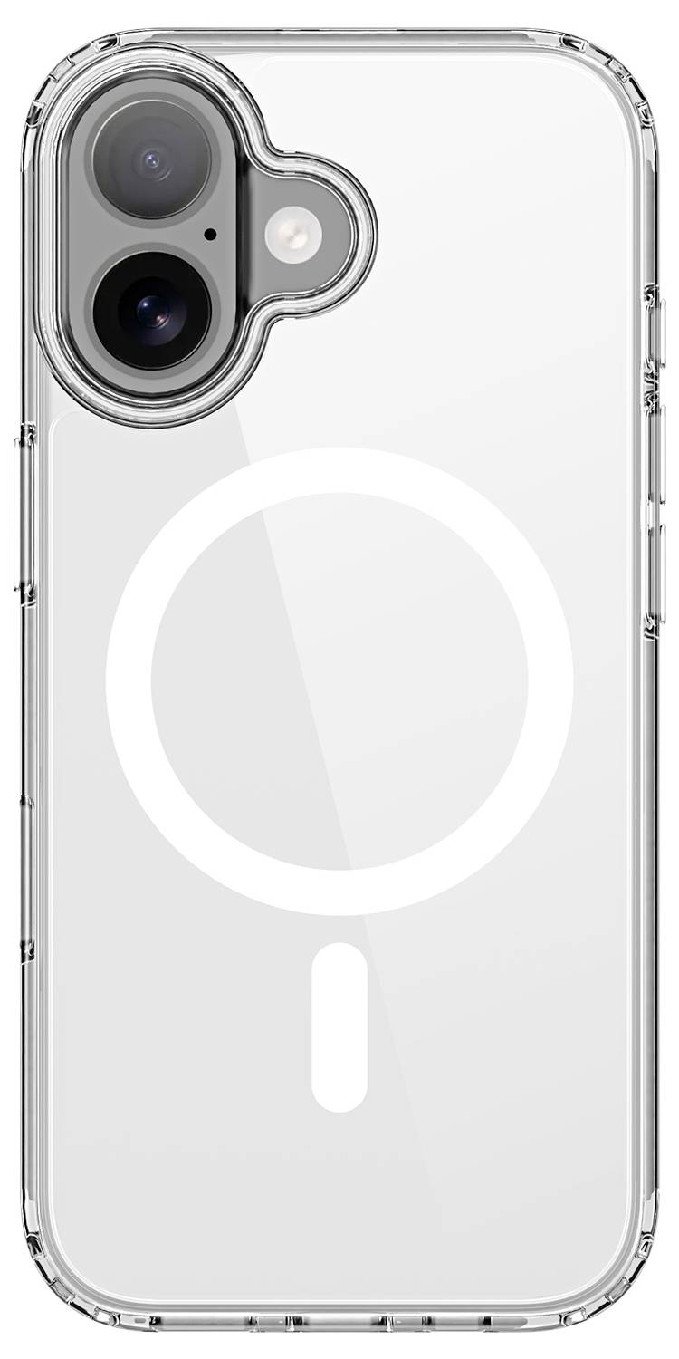 Klare Handyhülle mit einem kreisförmigen Design und einer vertikalen Linie darunter, gezeigt auf der Rückseite eines Smartphones mit Dual-Kamera und Blitz.