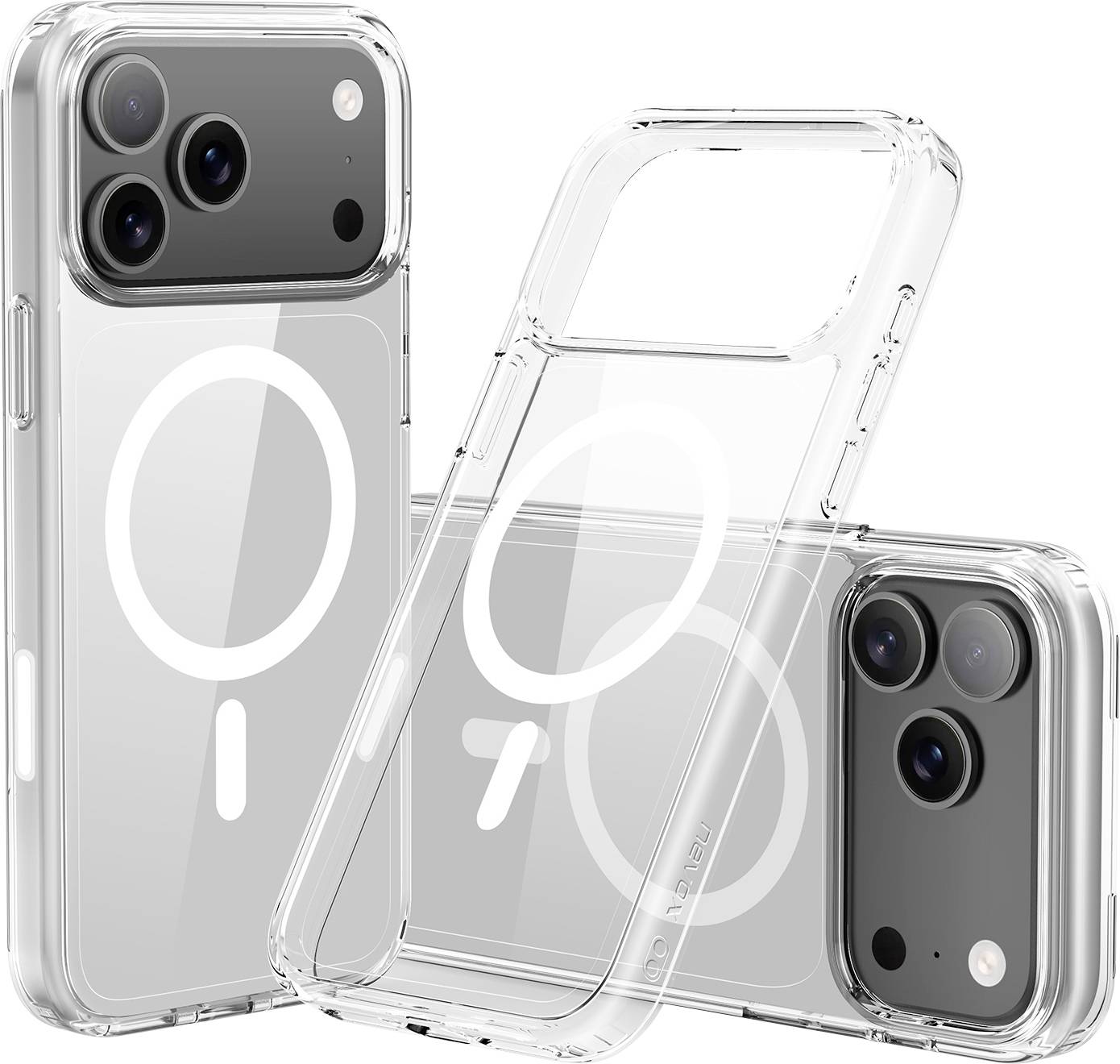 Drei transparente Smartphone-Hüllen, die die MagSafe-Funktion mit kreisförmigen und Liniendesigns präsentieren und die Kompatibilität mit neuen Modellen hervorheben.