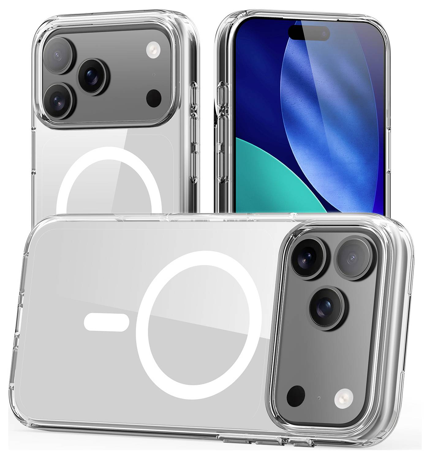 Drei durchsichtige Smartphone-Hüllen werden gezeigt, die MagSafe-Kompatibilität mit einem kreisförmigen Design auf der Rückseite und schwarzen Kameraausschnitten hervorheben.