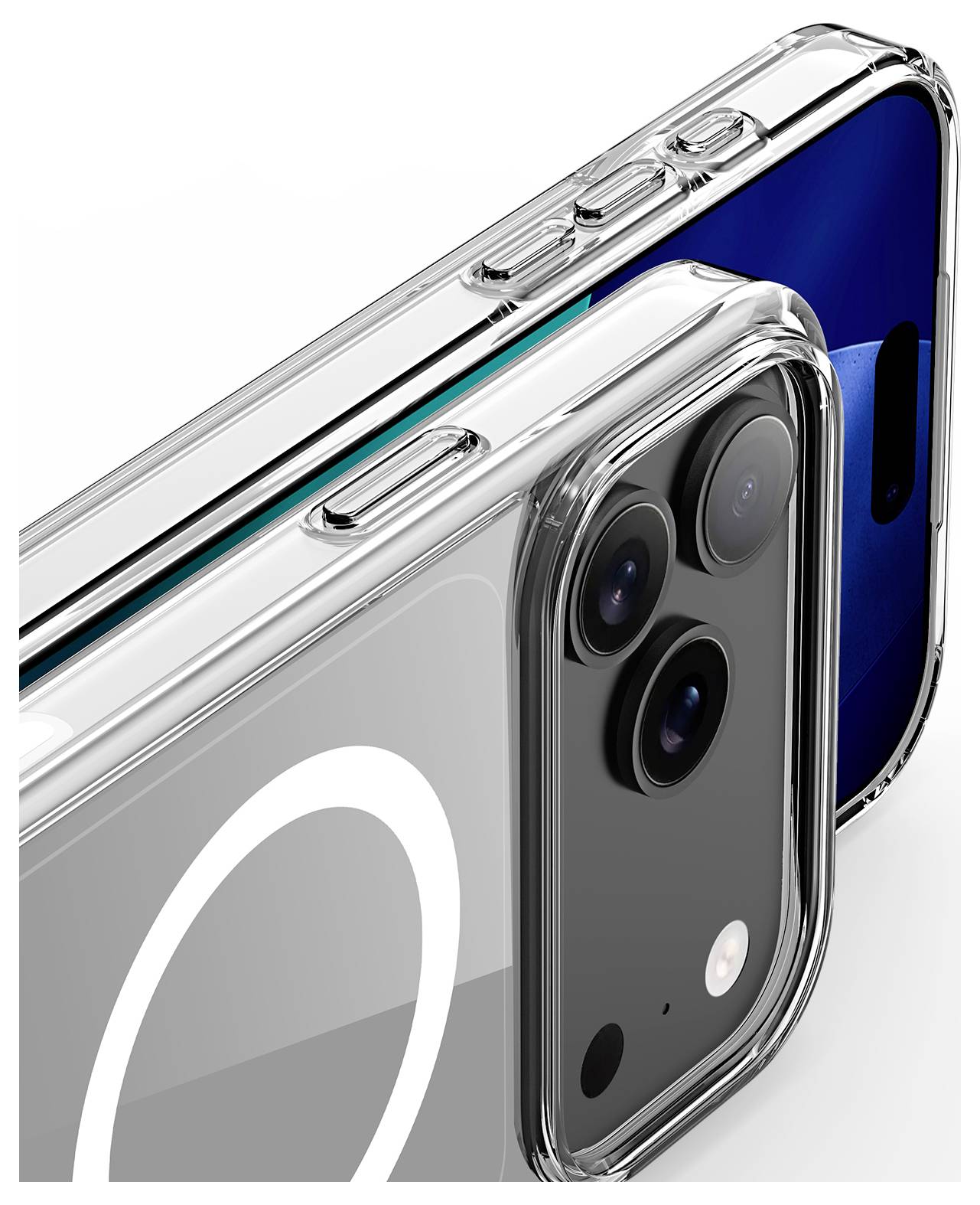 Zwei Smartphones in transparenten Hüllen zeigen Rückkameras und Seitentasten. Ein Telefon hat eine blaue Rückseite, während das andere silberfarben ist.