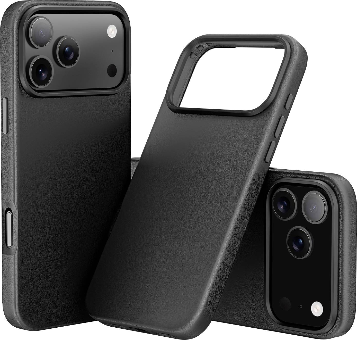 Drei schwarze Smartphone-Hüllen zeigen vordere, hintere und seitliche Perspektiven und heben den Kameaschutz und die Buttondetaillierung hervor.