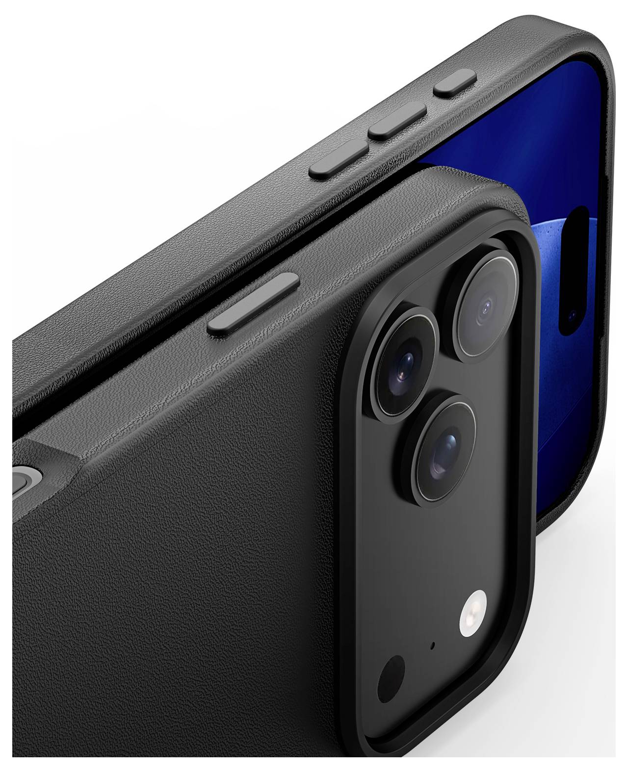 Nahaufnahme eines schwarzen Smartphones mit Schutzhülle, die die dreifache Kamera und seitliche Tasten vor einem blauen Bildschirmhintergrund hervorhebt.