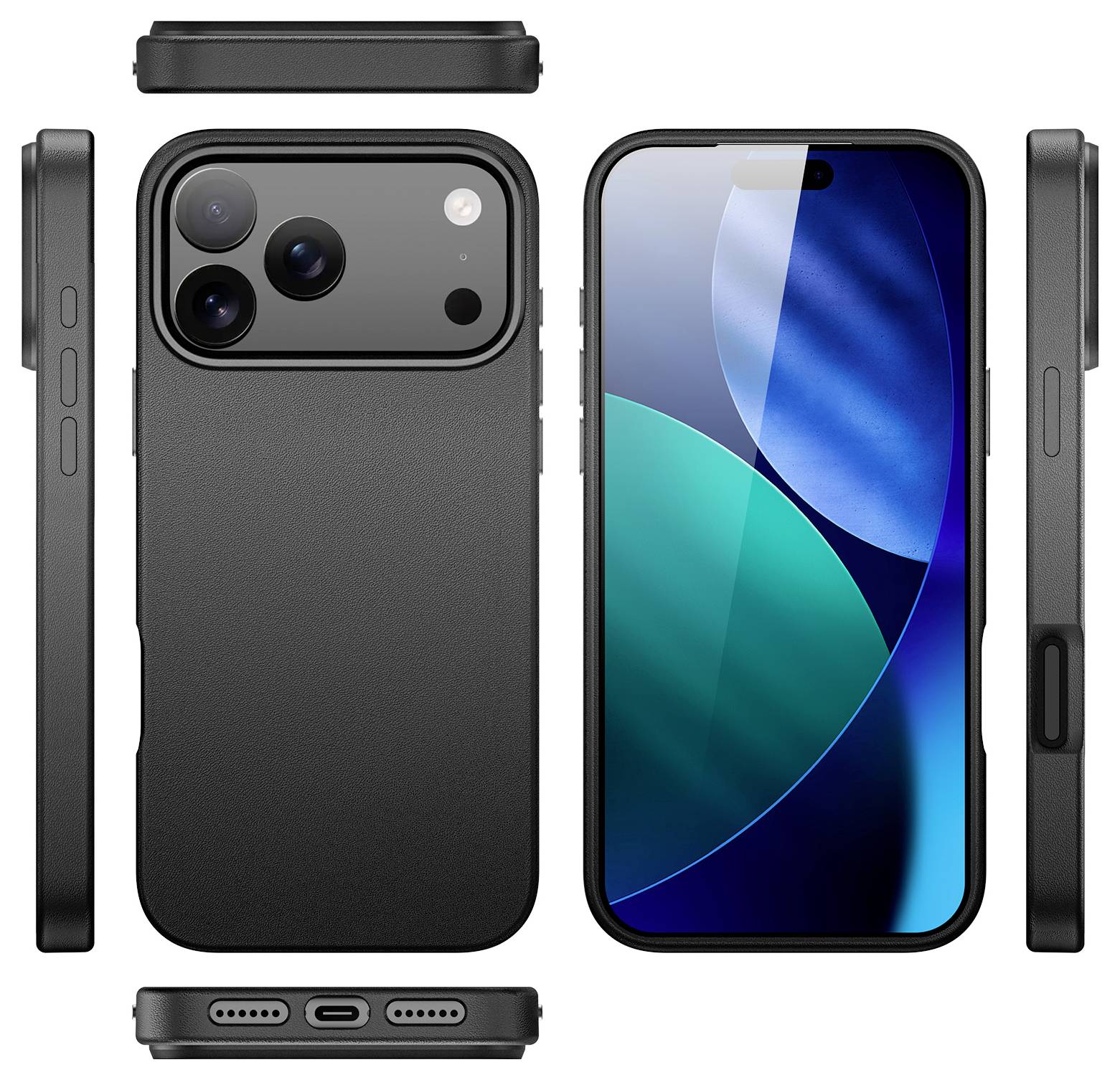 Vorder- und Rückansicht eines Smartphones mit drei Rückfahrkameras, gezeigt aus verschiedenen Winkeln. Das vordere Display ist eingeschaltet und zeigt abstrakte Grafiken.